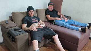 daddy and stepson stroke monster cocks together bareback!