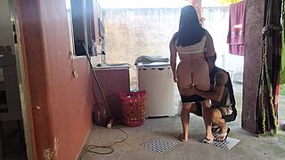 wife steps out and horny maid can't resist my throbbing cock in her tight pussy