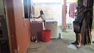 wife steps out and horny maid can't resist my throbbing cock in her tight pussy