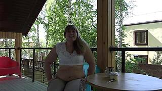 Chubby milf mukbang flaunts fat belly outdoor asmr food fetish!
