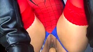 Spider woman cosplay slut rides big black cock toward massive cum blast