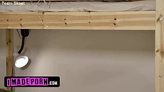 Dude in sneakers with narrow ass thong panties rides cowgirl on shaved pussy after hotel lick and sideways fuck