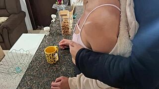 Stepdaughter's innocent breakfast shattered by daddy's bent-over kitchen slave surprise