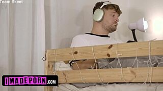 Dude in sneakers with narrow ass thong panties rides cowgirl on shaved pussy after hotel lick and sideways fuck