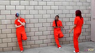 CUFFED REDHEAD GETS PUSSY AND ANAL LICKED BY CURVED-UP BRUNETTE LESBIAN WITH BOOBS PIERCINGS AND TRIMMED PUSSY