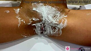 blonde shaves her shaved pussy close up pov with natural tits exposed