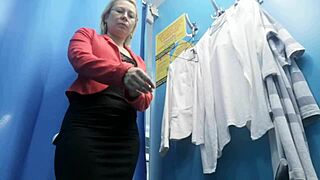 russian girl slips into changing room unaware of cam catching her big boobs and hard nipples