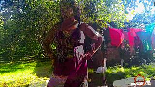 Klaudiaambergirl strips stockings outdoors masturbates her big natural tits solo