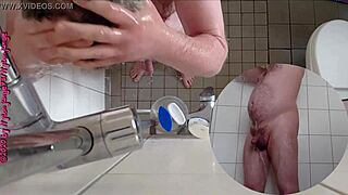 naughty german amateur pisses wildly in steamy bathroom shower on toes