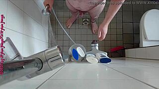 naughty german amateur pisses wildly in steamy bathroom shower on toes