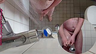 naughty german amateur pisses wildly in steamy bathroom shower on toes