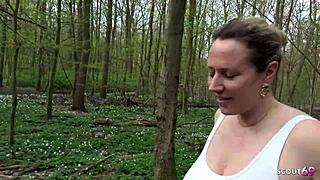 Curvy German Wife Risks Public Leggings Blowjob Swallows Stranger Cum