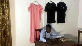 tailor fucks bent over customer doggystyle with huge black monster cock in shop until squirting