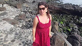 Stepmom's big pussy lips flash on beach while seducing with dirty talk