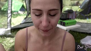 Girlfriend Swallows Risky Outdoor Camping Blowjob Cum in Forest Public