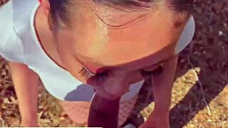 Asian babe gags on huge cock outside!