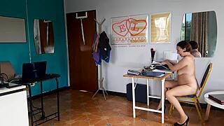 Curvy Nudist Secretary Flaunts Tits Ass Pussy at Office for Boss