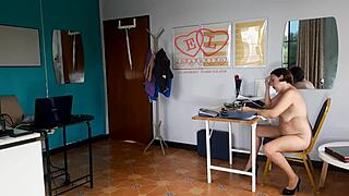 Curvy Nudist Secretary Flaunts Tits Ass Pussy at Office for Boss