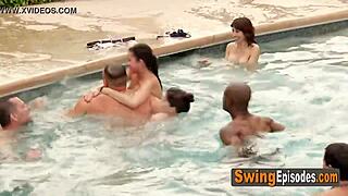 Swinger pool party turns casual orgy with oral and group fucking in red room
