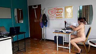 Curvy Nudist Secretary Flaunts Tits Ass Pussy at Office for Boss