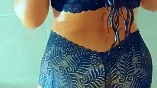 gorgeous tanned latinas rinse off pool heat with steamy shower fun