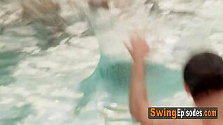 Swinger pool party turns casual orgy with oral and group fucking in red room