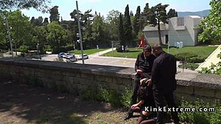 spanish babe bound outdoors for public gangbang voyeur thrill