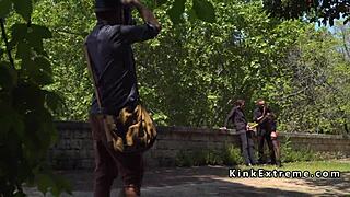 spanish babe bound outdoors for public gangbang voyeur thrill