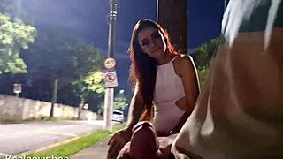 Risky Street Handjob for Hot Redhead at Bus Stop!