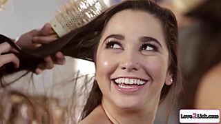 Hairdresser kneels to lap up latina's hairy pussy eagerly