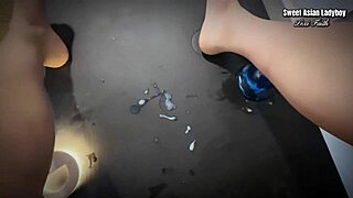 Asian Ladyboy In Pantyhose Rides Dildo For Cage Anal Cumshot Solo