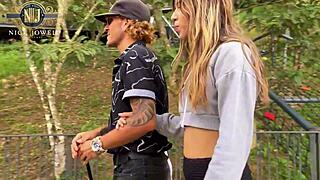 blindfolded latina stepsisters sofia take huge cocks doggystyle outdoors