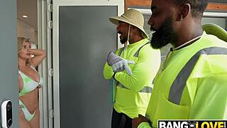 Sunbathing Andie Anderson's seduction explodes into gardeners' facial threesome bliss