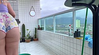 hey, check out my neighbor cleaning in that tiny short... so hot just watching her bend and tease