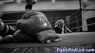 lesbian babes lick shaved pussies after wrestling sixty nine