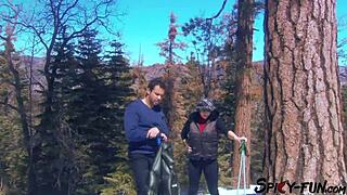 busty amateur bends over for doggystyle pounding in mountains