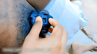 Fat caged wife pisses in public toilet then masturbates her small cock husband's humiliation outdoors