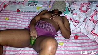 curvy ebony babe fucks her horny fat pussy deep with thick cucumber solo