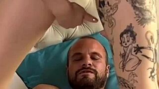 Backstage camera catches tattoo model bent over anal riding cowgirl orgasm