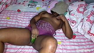 curvy ebony babe fucks her horny fat pussy deep with thick cucumber solo