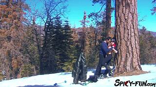 busty amateur bends over for doggystyle pounding in mountains