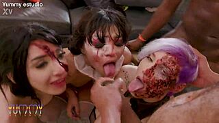 Halloween Anal Orgy: Mina K, Maily Presly, Camila Smith Gaped by Big Cocks Together