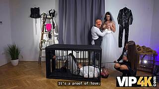 Monster cock dominates cute brunette bride's shaved pussy. Cuckold husband watches hardcore facial cumshot