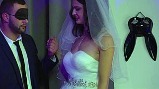 Monster cock dominates cute brunette bride's shaved pussy. Cuckold husband watches hardcore facial cumshot