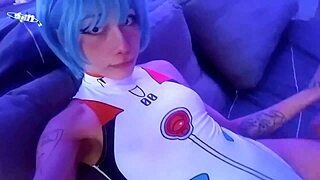 rei ayanami cosplay babe gives huge black cock blowjob backstage cum in suit
