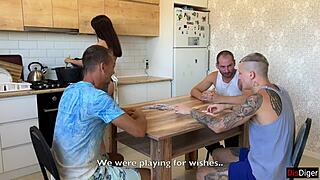 whoa my skinny wife lost the card game to his buddies now theyre gangbanging her bent over kitchen counter double penetration creampies everywhere 😱💦