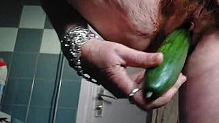Grandma's hairy pussy stuffed deep with fresh cucumber