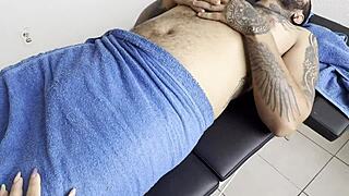 curvy latina masajista rubs patient's huge cock leading to wet pussy creampie squirting