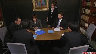 Japanese Maki Hojo in lingerie takes multiple cocks office gangbang squirting cumshot