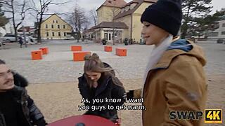 Morning walk flips into wild threesome swap with eager couple and big cock